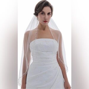 ✨ Light Ivory Fingertip Wedding Veil | 36” 1-Tier | Beaded Floral Vine Edge ✨